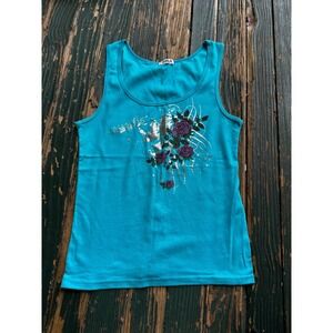 DNLA Womens Turquoise Graphic Tank Top Purple Roses Silver Foil Y2K Scoop Neck